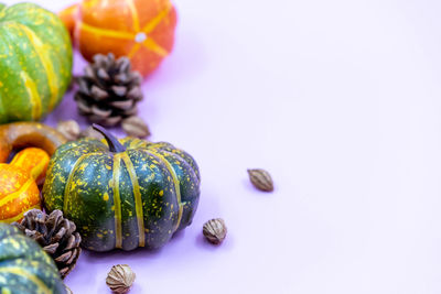 Close-up of fruits on table against white background