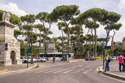 People on street by trees against sky