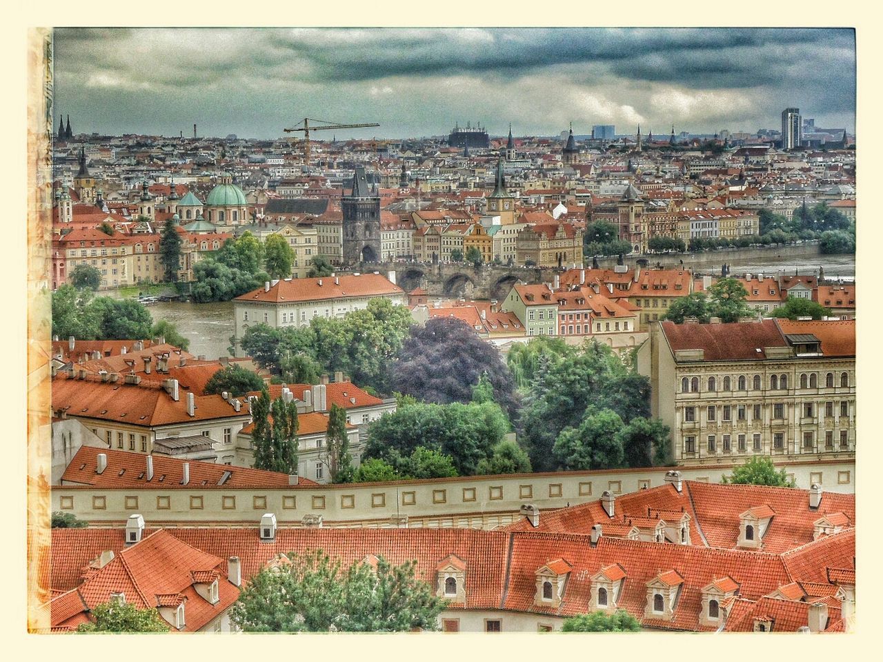 building exterior, architecture, built structure, transfer print, cityscape, city, residential district, crowded, residential structure, residential building, auto post production filter, high angle view, sky, townscape, town, house, roof, cloud - sky, tree, city life