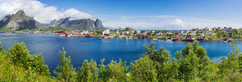 Landscape with mountains and fjords. panorama view of reine village on lofoten islands, norway.