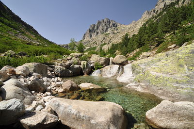 Rocks in mountains against clear sky