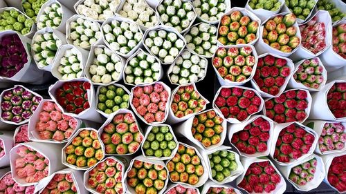 High angle view of multi colored fruits