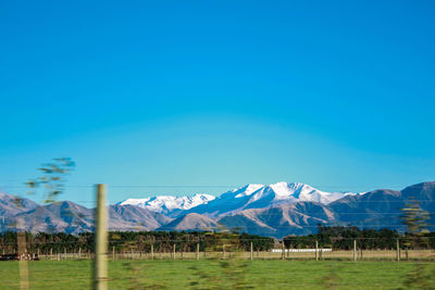 Scenic view of field and mountains against clear blue sky