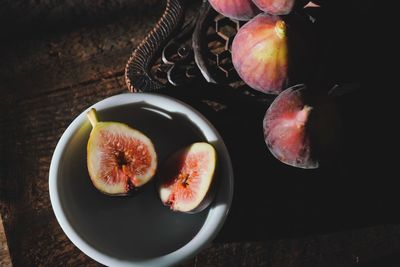 High angle view of fruits in bowl on table