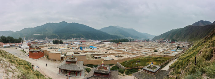 High angle view of mountains against sky