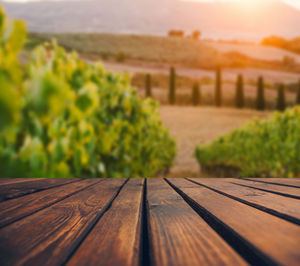 Close-up of boardwalk on table against sky during sunset