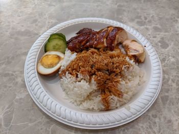 High angle view of meal served on table