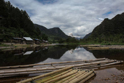 Scenic view of lake by mountains against sky