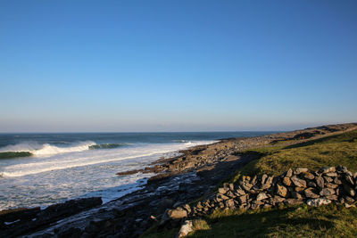Scenic view of sea against clear blue sky