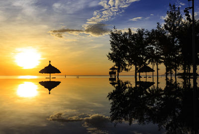 Silhouette trees on beach against sky during sunset