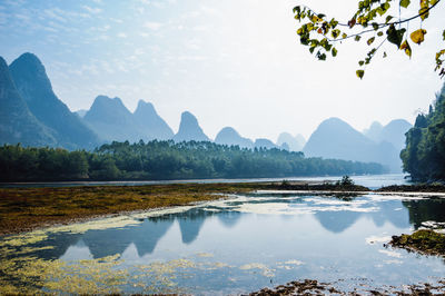 Scenic view of lake and mountains against sky