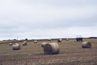 Hay bales on field against sky