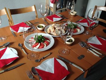 High angle view of breakfast on table