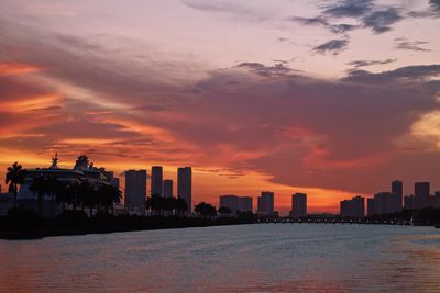 Silhouette buildings by sea against sky during sunset