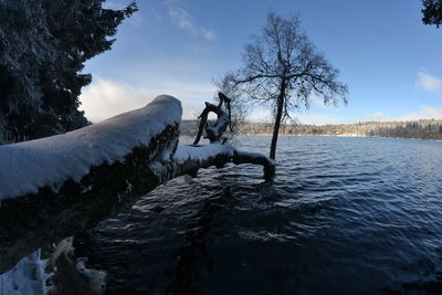 Scenic view of lake against sky during winter