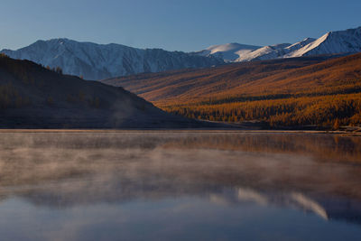 Scenic view of lake and mountains against sky