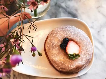 High angle view of dessert in plate on table