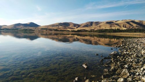 Scenic view of lake and mountains against sky