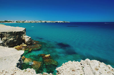 Scenic view of sea against clear blue sky