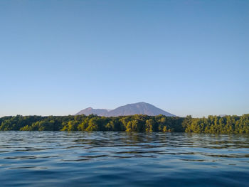 Scenic view of lake against clear blue sky