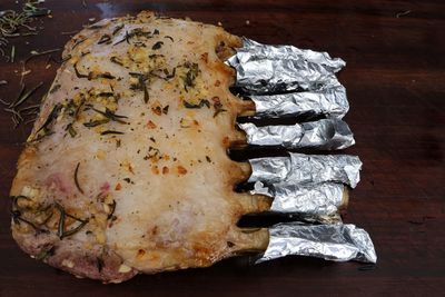 High angle view of bread in plate on table