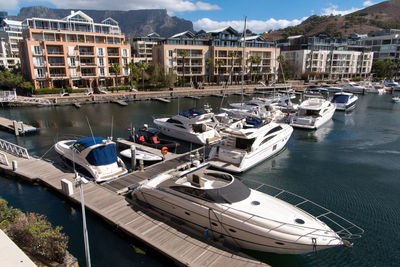 High angle view of boats moored at shore against sky