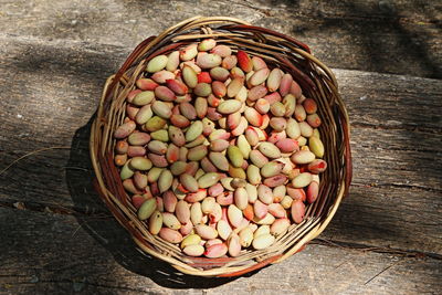 High angle view of eggs in basket