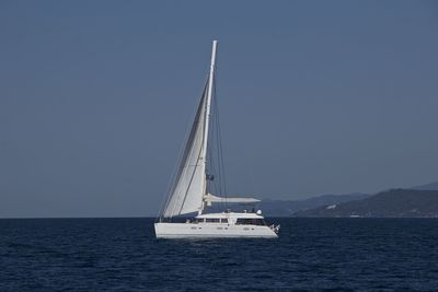 Sailboat sailing on sea against clear sky