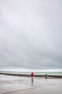 Rear view of woman standing by sea against sky