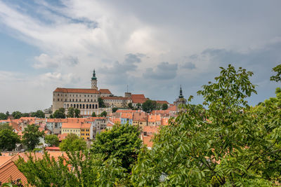 Plants and buildings in town against sky