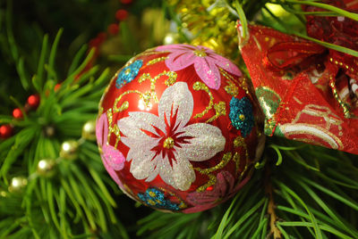 Close-up of bauble on christmas tree
