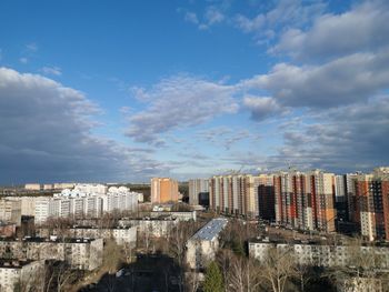 High angle view of buildings against sky