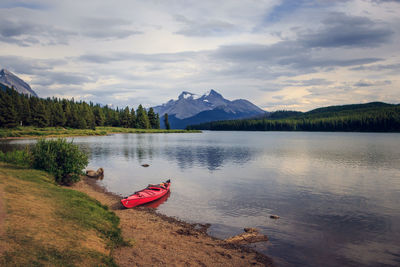 Scenic view of lake by mountains against sky