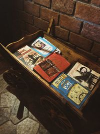 High angle view of old book on table