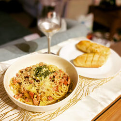 High angle view of food served on table