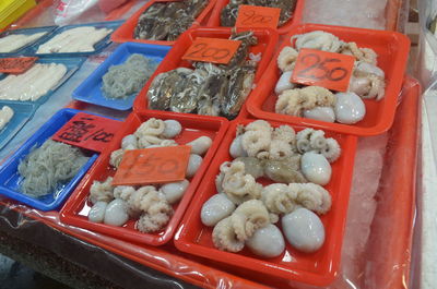 High angle view of seafood in market