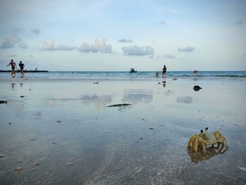 People on beach against sky