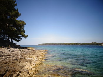 Scenic view of sea against clear blue sky