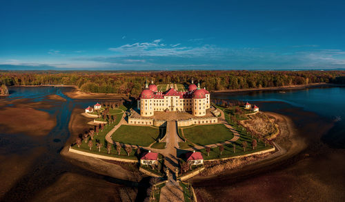 Panoramic view on schloss moritzburg, germany. drone photography.