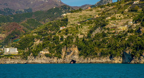 April 15 2022-amalfi coast italy view from the ferry of the city with the sea in the foreground 