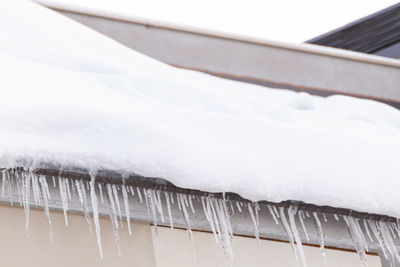 Close-up of icicles on roof of building during winter
