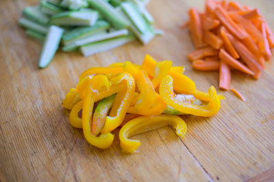 High angle view of chopped vegetables on table