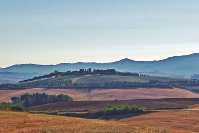 Scenic view of field and silhouette of mountain