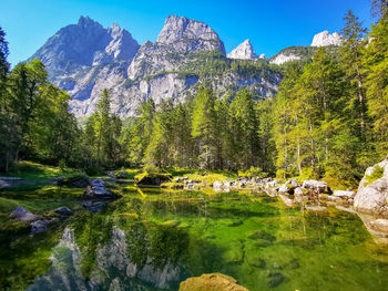 Scenic view of lake and mountains against sky