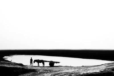 People on beach against clear sky