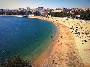High angle view of city at dusk