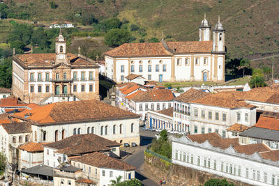 High angle view of buildings in town