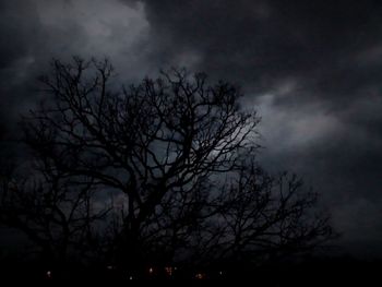 Silhouette of bare tree against cloudy sky