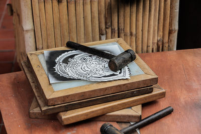 Close-up of tools on table