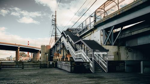 Bridge over river against buildings in city